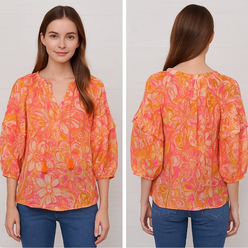 Dress Forum Women's Size Small Orange Floral Print Chiffon Ruffle Sleeve Top
